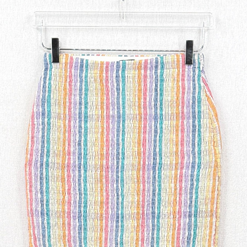 J CREW Smocked Midi Skirt Rainbow Stripe Womens White Pink Cotton Resort NEW - Picture 8 of 16